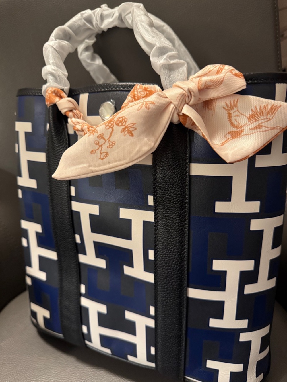 H Monogram Tote with Navy & White H Pattern